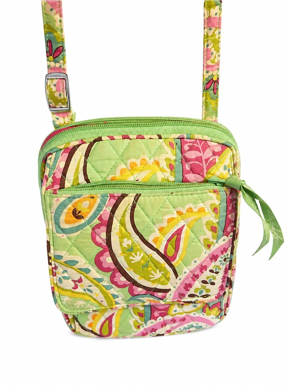 Vera Bradley Lime Paisley Quilted Crossbody With Pink & Yellow Accents